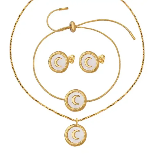 FXNT178 Chic White Shell Moon Jewelry Set Waterproof Crescent Necklace Earrings & Slide Bracelet