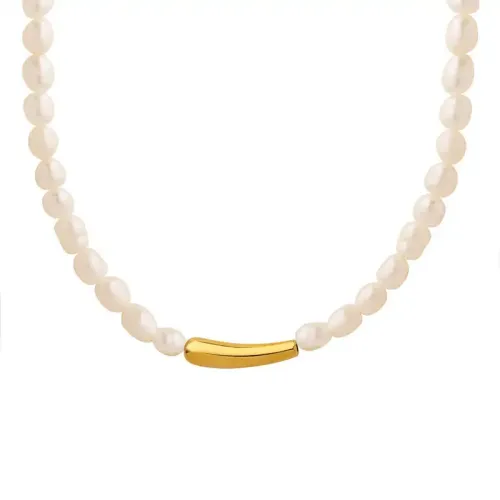 FXNT240 Baroque Freshwater Pearl Clavicle Necklace with Gold-Plated Oval Pendant