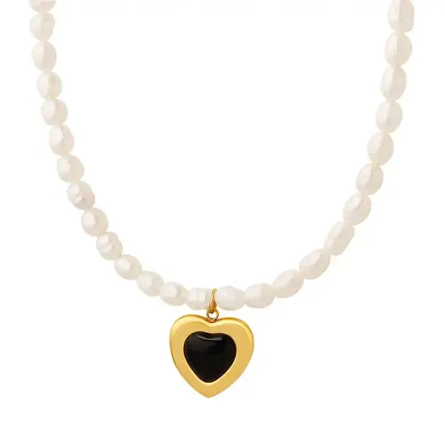 FXNT581 Baroque Freshwater Pearl Strand Necklace with Gold-Plated Peach Heart & Glass Stone