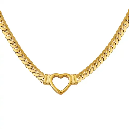 FXNT373 Hip Hop Punk 18K Gold Plated Cuban Chain Necklace with Heart Ring Pendant