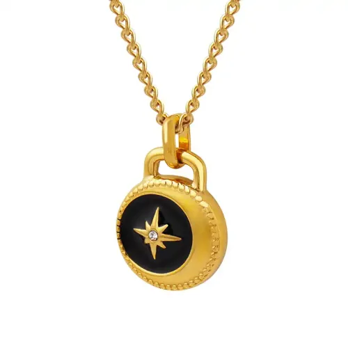 FXNT1010 Gold-Plated Star Pendant Necklace with Oil Drip Craftsmanship, Luxury Round Charm