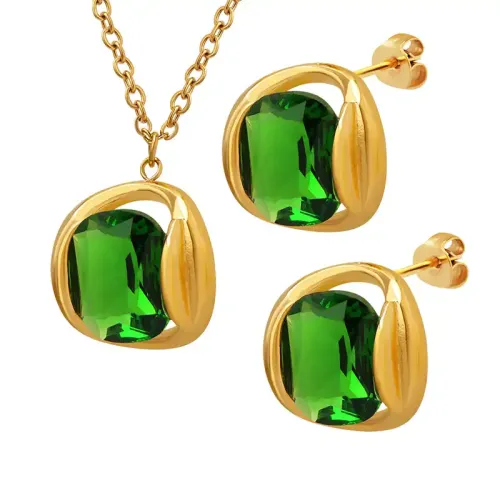 FXNT369 Medieval-Inspired Dongdaemun Neutral Emerald Crystal Jewelry Set Pendant Necklace & Earrings