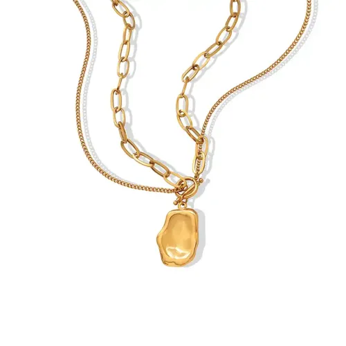 FXNT1071 Gold Plated Double Layer Irregular Hip Hop Pendant, Women's Clavicle Chain Necklace