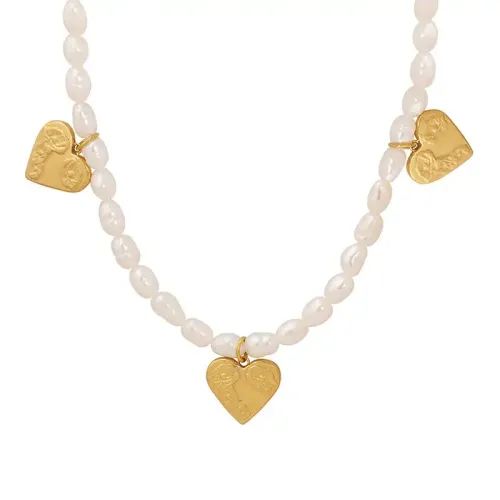 FXNT942 Gold-Plated Love Heart Pendant with Natural Freshwater Pearl Strand Necklace