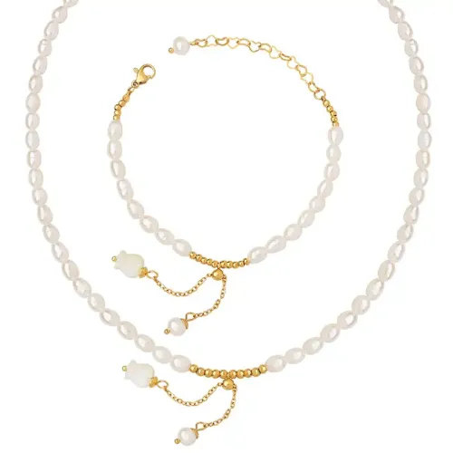 FXNT364 Orchid-Inspired Natural Freshwater Pearl Tassel Necklace & Bracelet Set Chic Temperament Jewelry