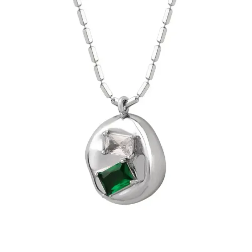 FXNT666 Green White Zircon Pendant Necklace Irregular Round Bamboo Chain