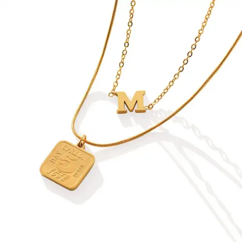 FXNT1095 Chic 18K Gold Plated Letter Square Double Layer Clavicle Chain Necklace for Women