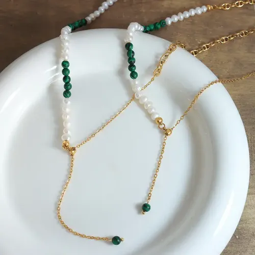 FXNT671 Gold Plated Freshwater Pearl & Turquoise Tassel Necklace Chic Collarbone Chain