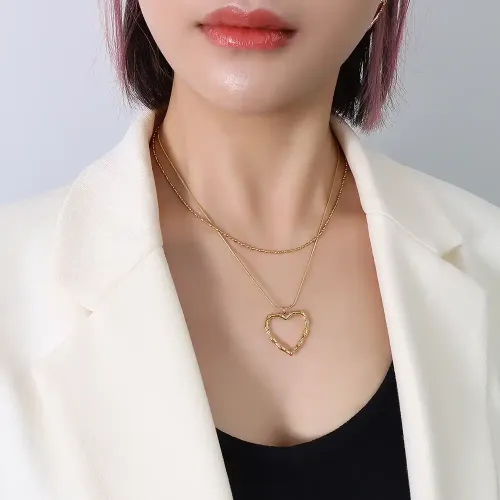 FXNT1158 18K Gold Double Layer Snake Bone Chain Necklace with Peach Heart Love Pendant