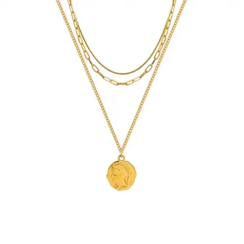 FXNT887 Hip-Hop Portrait Pendant Multi-Layer Women's 18K Gold Plated Clavicle Necklace
