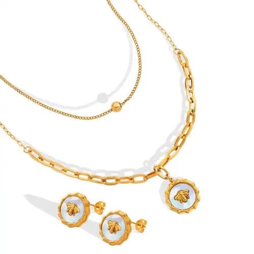 FXNT380 Elegant White Seashell & Bee Charm Double Layer Necklace and Earrings Set for Women