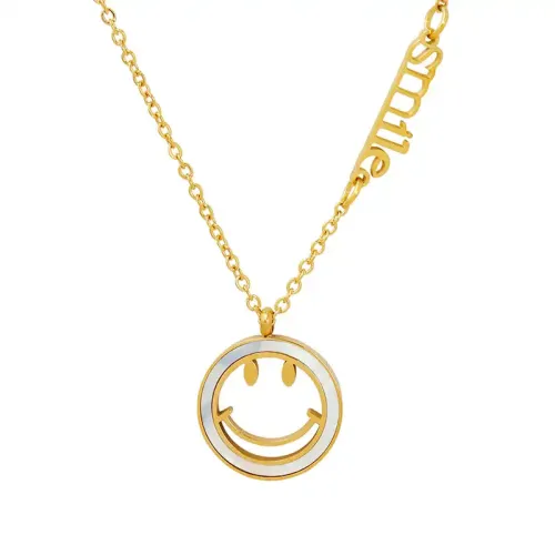 FXNT955 18K Gold-Plated White Seashell Smiley Face Pendant engrave Necklace Playful Chic Jewelry