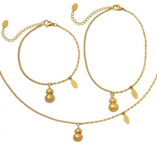 FXNT688 Chic Wealth-Attracting Small Gourd Pendant & Oval Piece Jewelry Set Necklace, Bracelet, Anklet