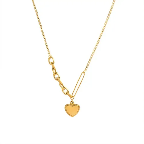FXNT747 Hip Hop Spliced Heart Clavicle Necklace, 18K Real Gold Plated Chain