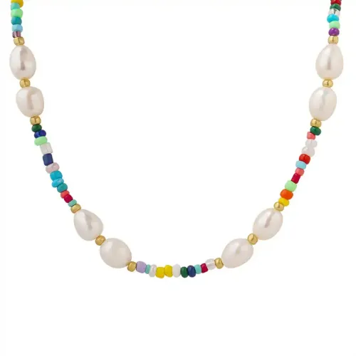 FXNT435 Bohemian Natural Freshwater Pearl Necklace with Colorful Glass Beads