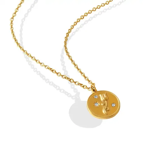 FXNT714 Elegant Rose Zircon Medallion Pendant Necklace, Gold-Plated Clavicle Chain for Women