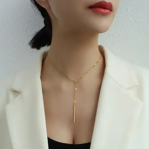 FXNT811 18K Gold Y-Shaped Tassel Choker, Elegant Collarbone Necklace