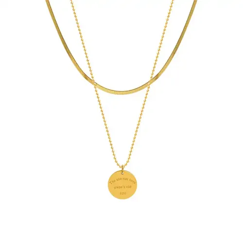 FXNT606 Gold-Plated Double Layered Necklace English engrave Round Pendant