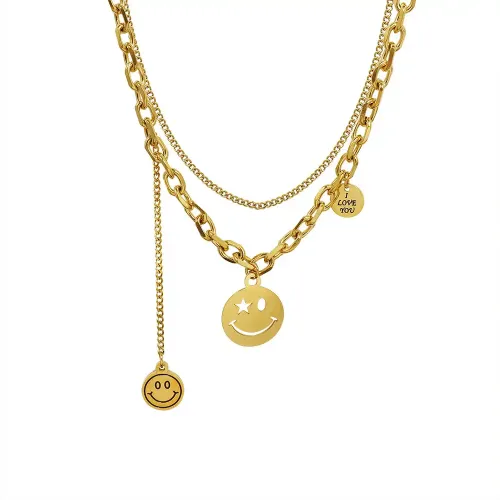 FXNT810 Gold-Plated Smiley Face engrave Medallion Pendant Holiday Clavicle Chain Necklace