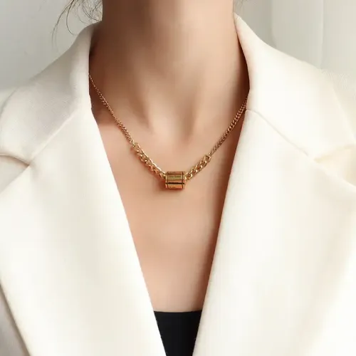 FXNT400 18K Gold Plated Round OT Buckle engrave Pendant Double Layer Necklace