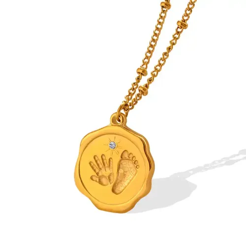 FXNT1042 Gold-Plated Palm & Footprint Pendant Necklace with Zircon Inlay, Unique Jewelry