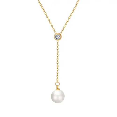 FXNT158 18K Gold Plated Zircon Necklace with Imitation Pearl Pendant Elegant Clavicle Chain