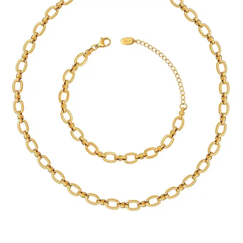 FXNT412 18K Gold Plated Thick Chain Necklace & Bracelet Set Interlocking Hip Hop Jewelry