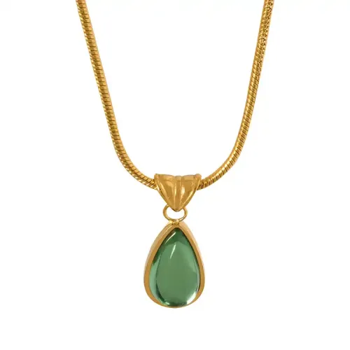 FXNT48 Women's Olive Green & Blue Water Drop Pendant Necklace Non-Falling Lover's Jewelry