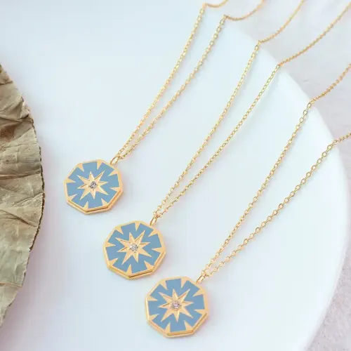 FXNT245 Elegant 18K Gold-Plated Diamond Compass Necklace Eight-Pointed Star Clavicle Chain for Women