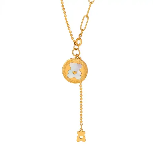 FXNT120 Elegant Gold-Plated Necklace with Xiaoqing Bear Pattern & Shell Tassel Japanese-Korean Style