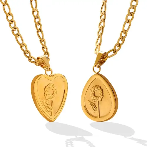 FXNT1043 Geometric Heart Flower Pendant, Embossed Gold-Plated Clavicle Necklace