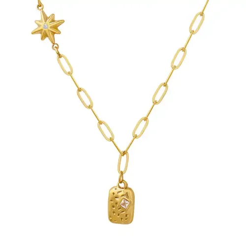 FXNT480 18K Gold-Plated Zircon Star Pendant Necklace Winter Chic Irregular Square Design