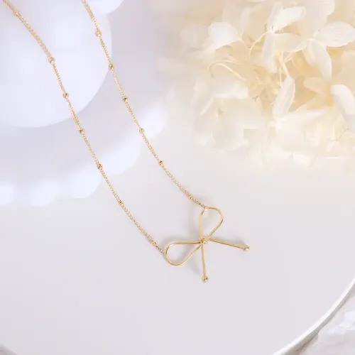 FXNT795 Italian Bow Necklace & 18K Gold-Plated Clavicle Chain Bracelet Jewelry Set