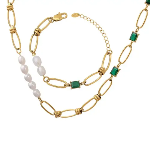 FXNT356 Emerald Zircon & Freshwater Pearl Spliced Set Gentle Necklace Bracelet Jewelry
