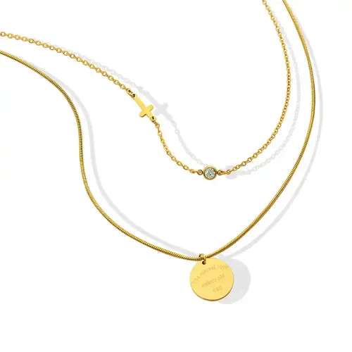 FXNT521 Hip-Hop Gold-Plated Zircon Cross Pendant with Round Plate on Thin Snake Chain
