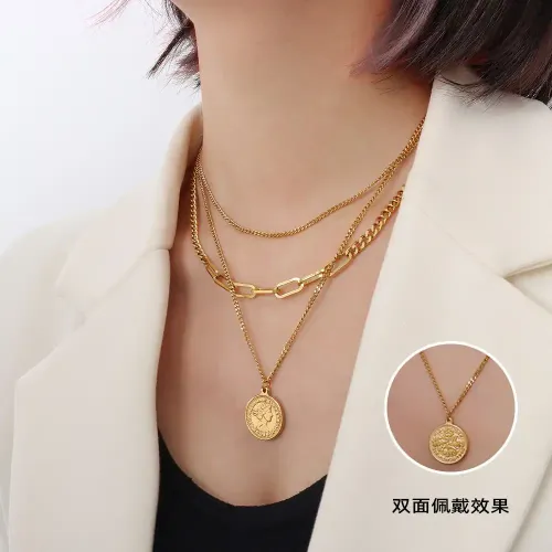 FXNT546 18K Plated Hip Hop Multi-Layered Double-Sided Round Pendant Clavicle Chain Necklace