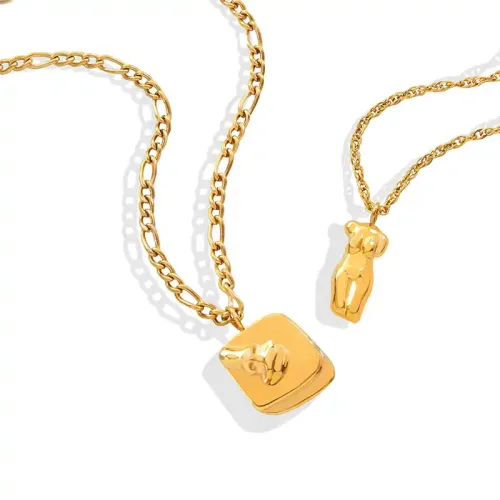 FXNT744 Hip-Hop Square Portrait Pendant Necklace, Detachable 18K Real Gold Plated Jewelry
