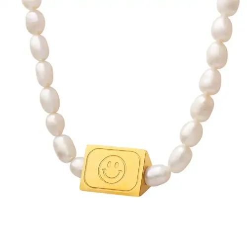 FXNT959 3D Triangle Carved Smiley Face Spliced Freshwater Pearl Necklace, Chic Jewelry