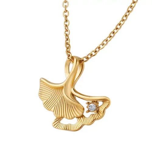 FXNT498 Elegant Diamond Ginkgo Leaf Pendant Necklace Fan-Shaped Geometric Clavicle Chain for Women