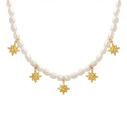 FXNT266 Baroque Freshwater Pearl Necklace with Zircon Inlaid Eight-Pointed Star Pendant