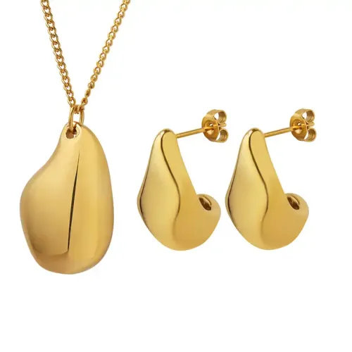 FXNT374 18K Gold-Plated Glossy Unique Pendant Necklace & Earrings Set