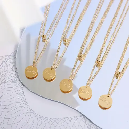 FXNT1115 Women's Lucky Round Brand Double Layer Necklace 18K Gold Plated Stainless Steel Jewelry