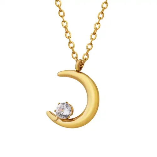 FXNT785 18K Gold Plated Solitaire Moon Zircon Pendant Clavicle Necklace