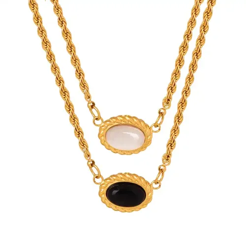 FXNT590 Gold-Plated Women's Double Layered Stacked Necklace with Acrylic Oval Pendant