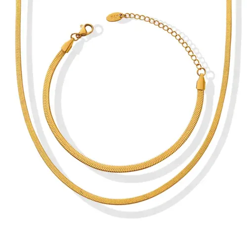 FXNT3 18K Gold Blade Chain & Snake Bone Necklace Bracelet Set Luxury Jewelry Ensemble