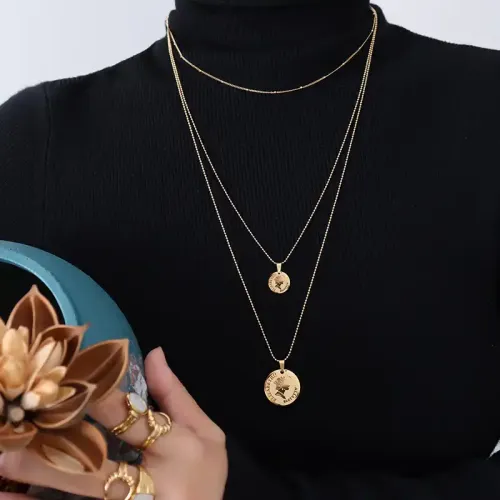 FXNT765 Triple-Layer Bead Chain Necklace 18K Real Gold Plated Elegant Stacked Jewelry