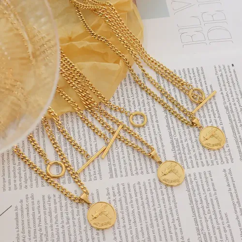 FXNT1173 18K Gold Double Layered Thick Chain Necklace with OT Buckle & Gun Pendant