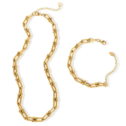 FXNT180 Hip Hop Inspired U-Shaped Horseshoe Buckle Necklace & Bracelet Set for Accessory Enthusiasts