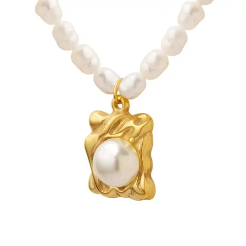 FXNT846 Elegant Freshwater Pearl Necklace with Irregular Square Imitation Pearl Pendant Chic Statement Jewelry
