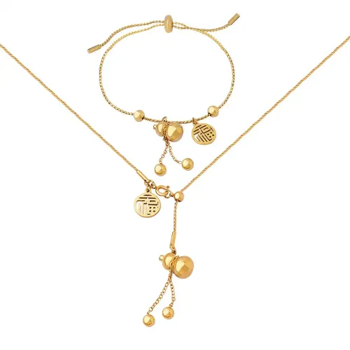 FXNT399 18K Gold Plated Good Luck Gourd 'Fu' Bracelet & Necklace Set in Chinese Ethnic Style